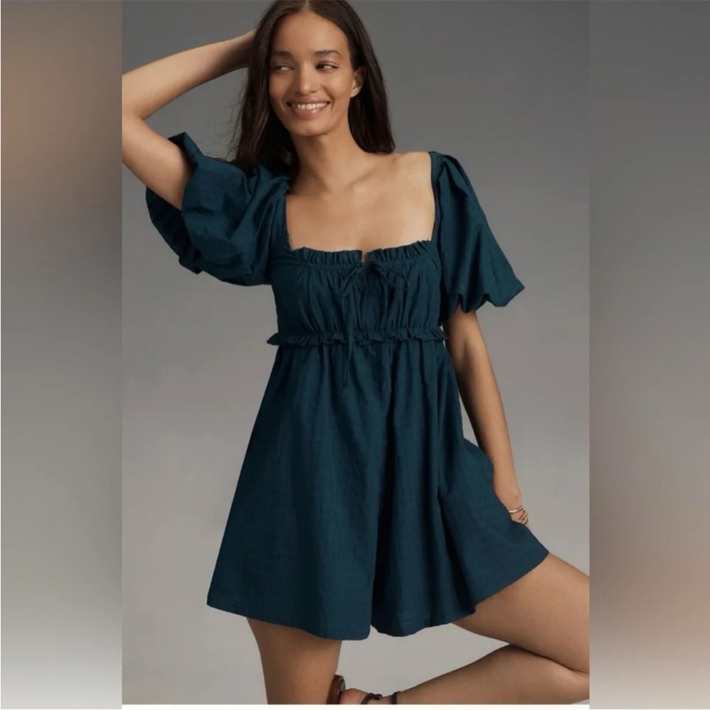 Pilcro Puff Sleeve Babydoll Romper Dark Teal Blue